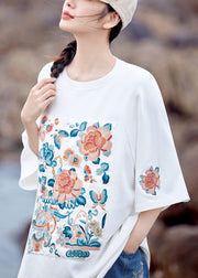 Plus Size White O-Neck Embroidered Cotton T Shirt Summer