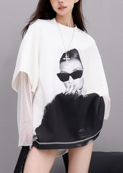 Plus Size White O Neck Lace Patchwork Cotton T Shirts Fall