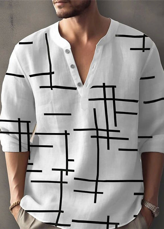 Plus Size White O-Neck Print Cotton T Shirt Men Fall