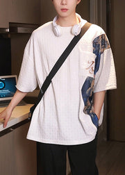 Plus Size White O Neck Print Patchwork Cotton T Shirts Men Apparel Summer