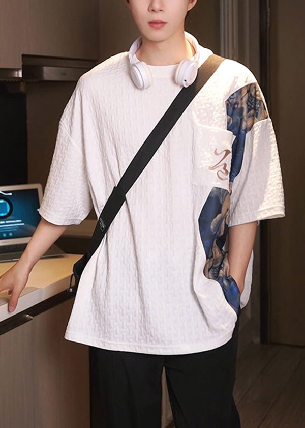 Plus Size White O Neck Print Patchwork Cotton T Shirts Men Apparel Summer