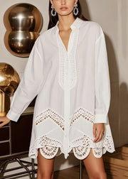 Plus Size White Oversized Hollow Out Cotton Shirt Dress Spring