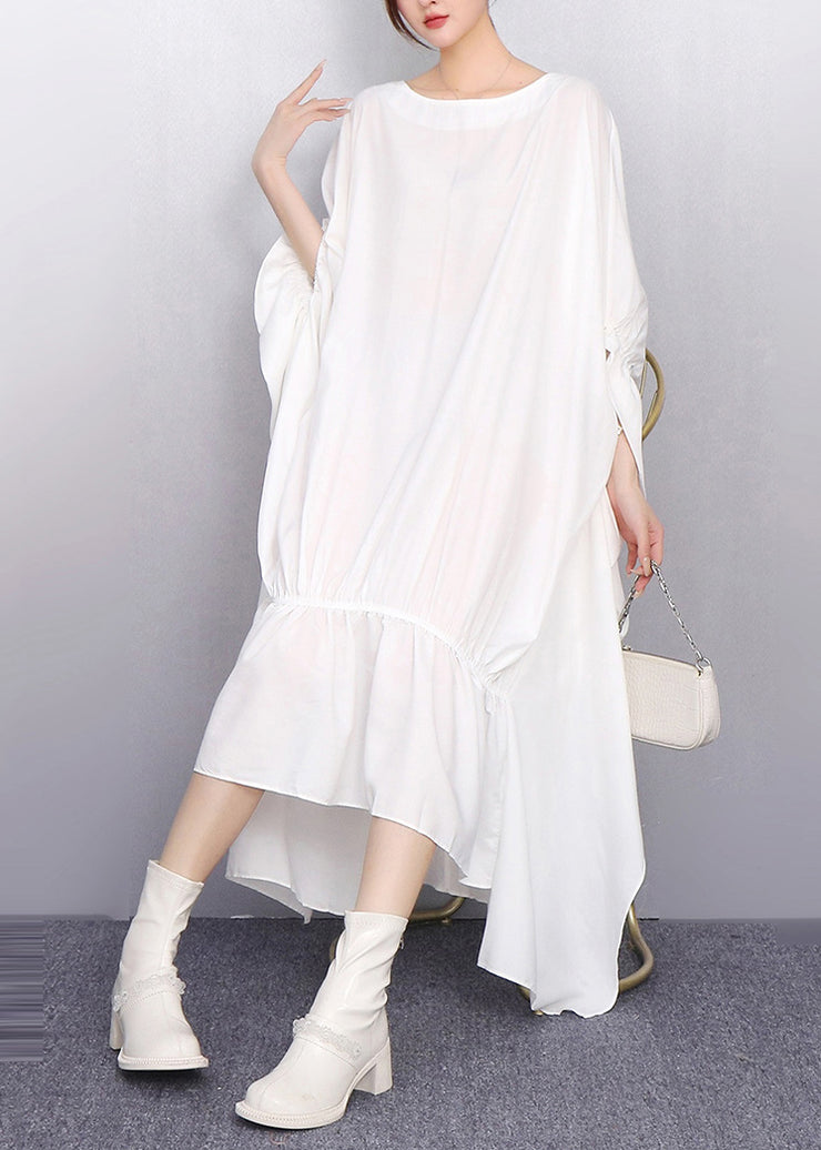 Plus Size White Oversized Low High Design Cotton Dress Batwing Sleeve
