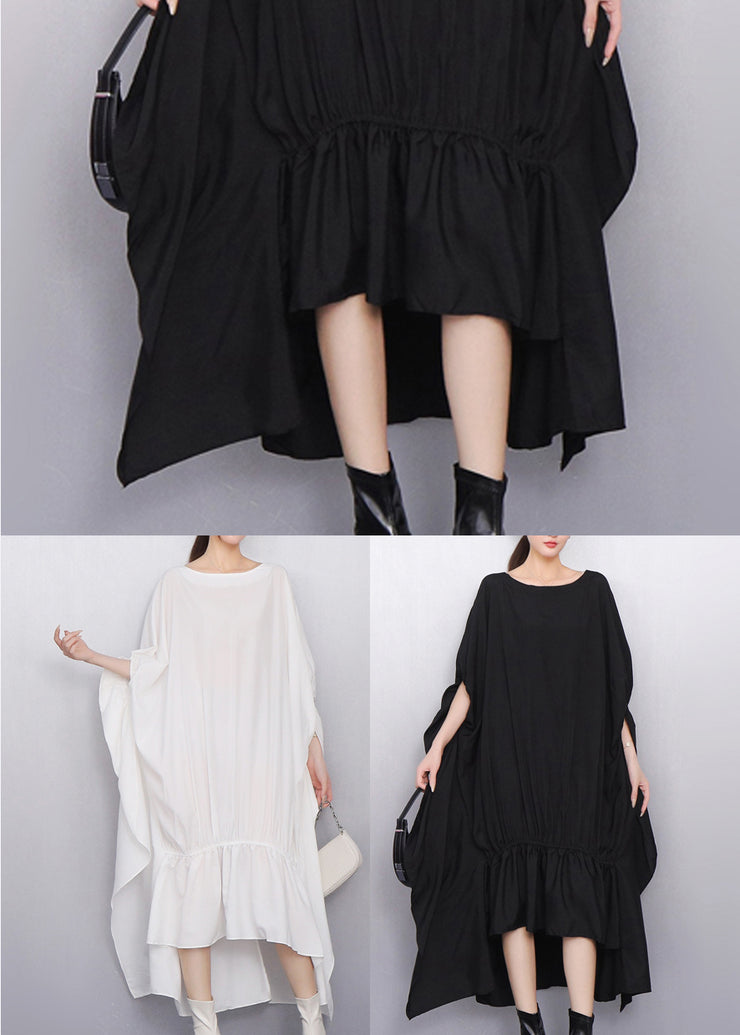 Plus Size White Oversized Low High Design Cotton Dress Batwing Sleeve