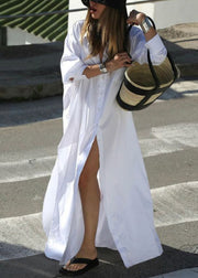 Plus Size White Peter Pan Collar Button Cotton Maxi Dress Fall