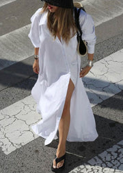 Plus Size White Peter Pan Collar Button Cotton Maxi Dress Fall