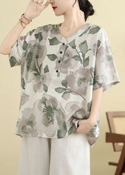 Plus Size White Print Button T Shirt Summer