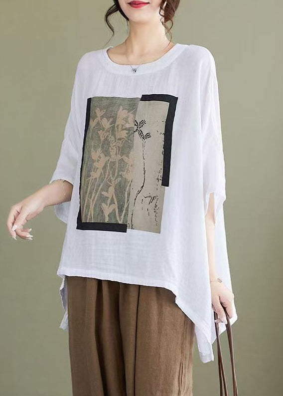 Plus Size White Print Low High Design Cotton Blouses Bracelet Sleeve
