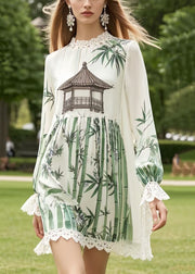 Plus Size White Print Patchwork Lace Chiffon Work Dress Summer