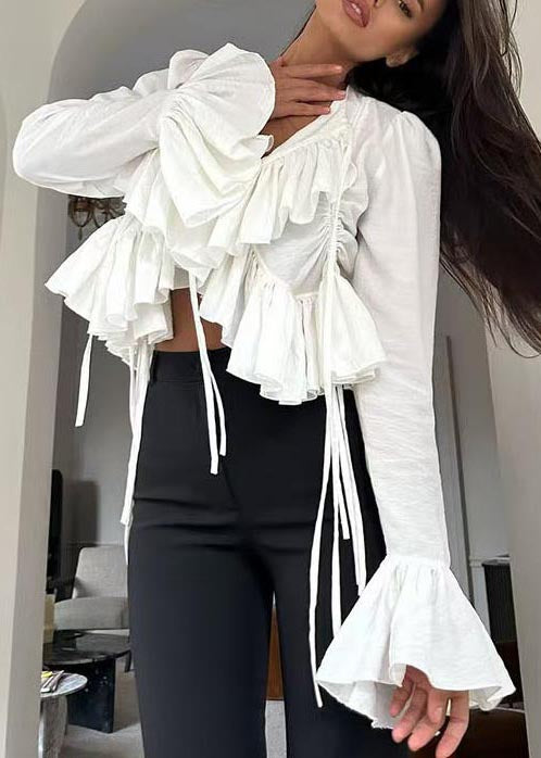Plus Size White Ruffles Cotton Shirts Flare Sleeve