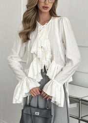 Plus Size White Ruffles Cotton Shirts Flare Sleeve