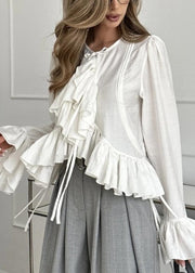 Plus Size White Ruffles Cotton Shirts Flare Sleeve