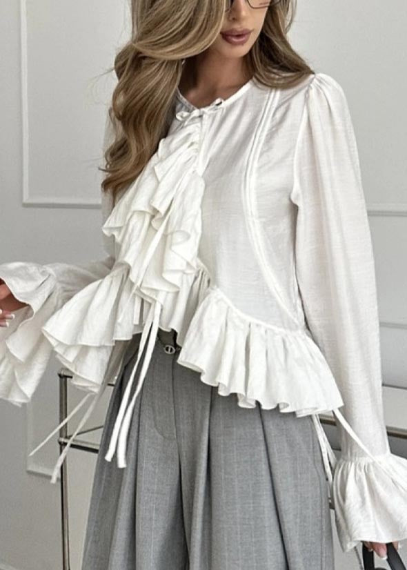 Plus Size White Ruffles Cotton Shirts Flare Sleeve