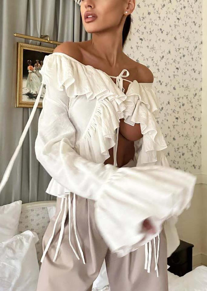 Plus Size White Ruffles Cotton Shirts Flare Sleeve