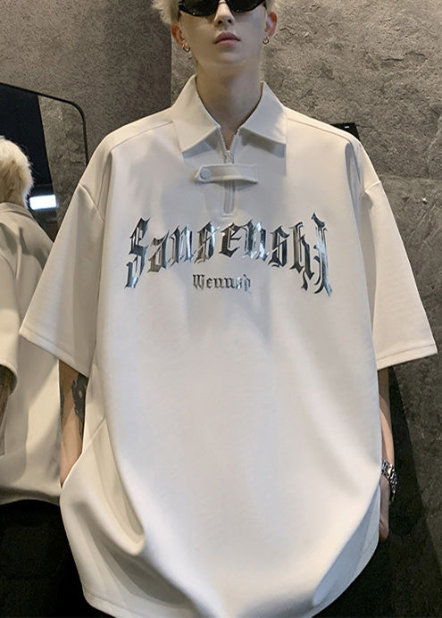 Plus Size White Sequins Letter Cotton Men Shirt And Polo Shirt Summer