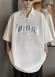 Plus Size White Sequins Letter Cotton Men Shirt And Polo Shirt Summer
