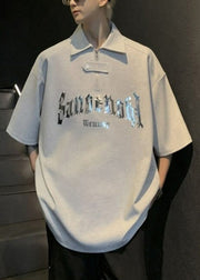 Plus Size White Sequins Letter Cotton Men Shirt And Polo Shirt Summer