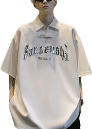 Plus Size White Sequins Letter Cotton Men Shirt And Polo Shirt Summer