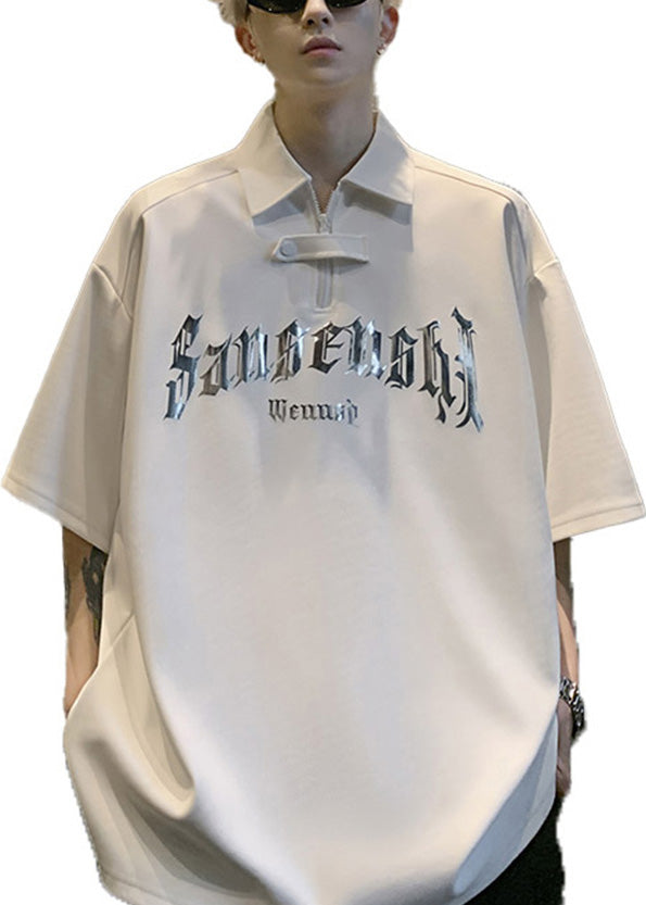 Plus Size White Sequins Letter Cotton Men Shirt And Polo Shirt Summer