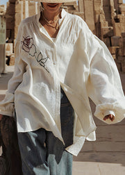 Plus Size White Stand Collar Rose Cotton Top Lantern Sleeve