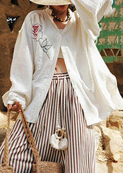 Plus Size White Stand Collar Rose Cotton Top Lantern Sleeve