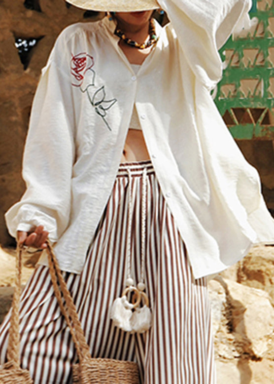 Plus Size White Stand Collar Rose Cotton Top Lantern Sleeve