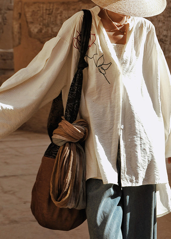 Plus Size White Stand Collar Rose Cotton Top Lantern Sleeve