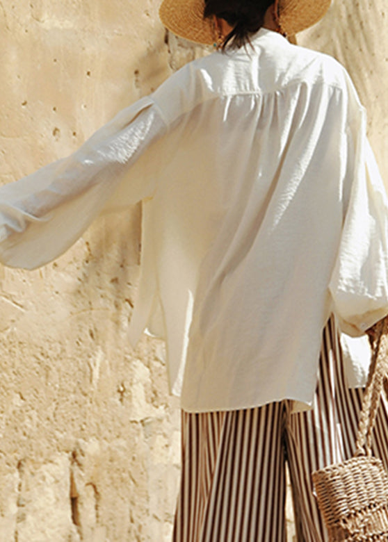 Plus Size White Stand Collar Rose Cotton Top Lantern Sleeve