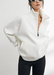 Plus Size White Stand Collar Zip Up Warm Fleece Sweatshirt Winter
