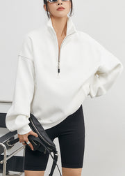 Plus Size White Stand Collar Zip Up Warm Fleece Sweatshirt Winter