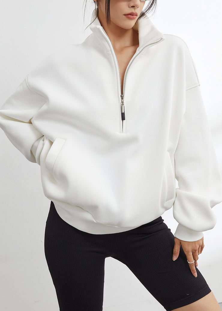 Plus Size White Stand Collar Zip Up Warm Fleece Sweatshirt Winter