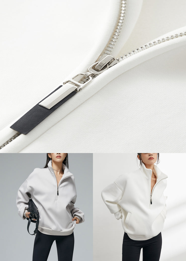 Plus Size White Stand Collar Zip Up Warm Fleece Sweatshirt Winter