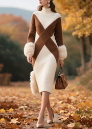 Plus Size White Turtle Neck Patchwork Faux Fur Knit Dress Winter