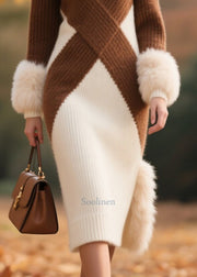 Plus Size White Turtle Neck Patchwork Faux Fur Knit Dress Winter