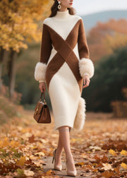 Plus Size White Turtle Neck Patchwork Faux Fur Knit Dress Winter