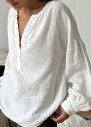 Plus Size White V Neck Patchwork Cotton T Shirts Fall