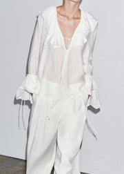 Plus Size White V Neck Ruffled Patchwork Chiffon Top Fall