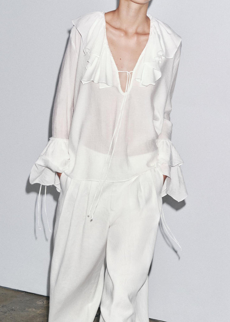 Plus Size White V Neck Ruffled Patchwork Chiffon Top Fall