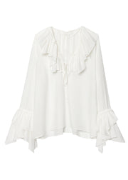 Plus Size White V Neck Ruffled Patchwork Chiffon Top Fall