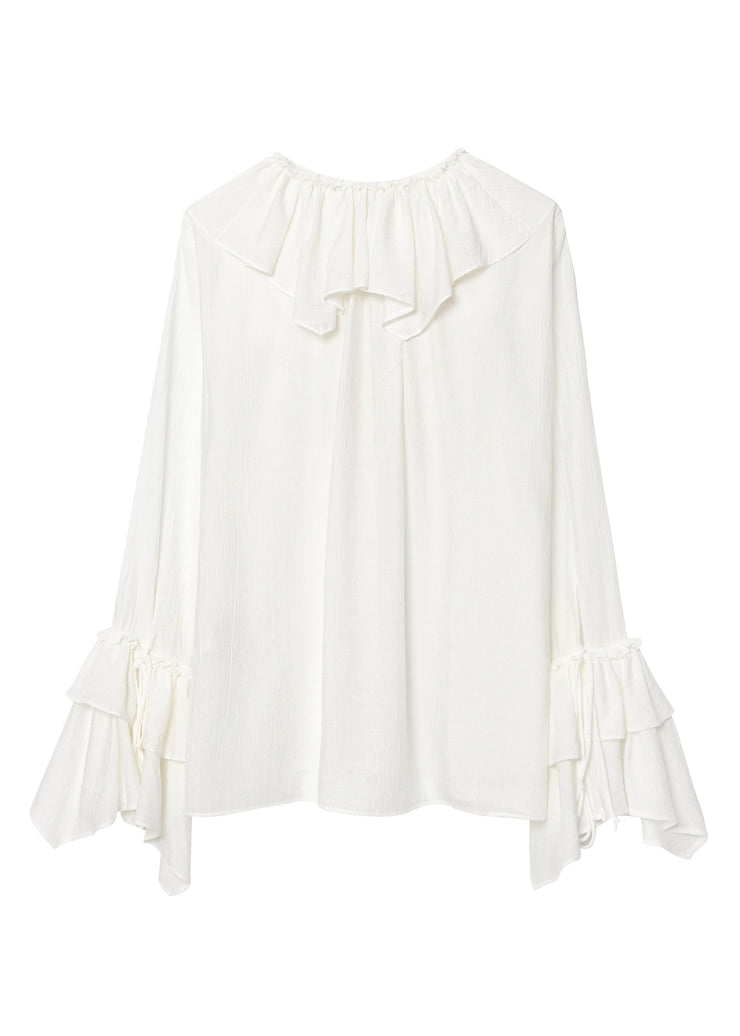 Plus Size White V Neck Ruffled Patchwork Chiffon Top Fall