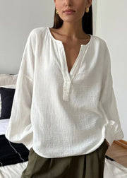 Plus Size White V Neck Solid Cotton Shirt Fall
