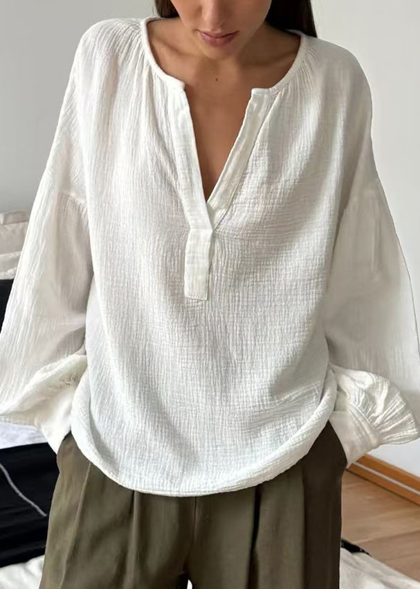 Plus Size White V Neck Solid Cotton Shirt Fall
