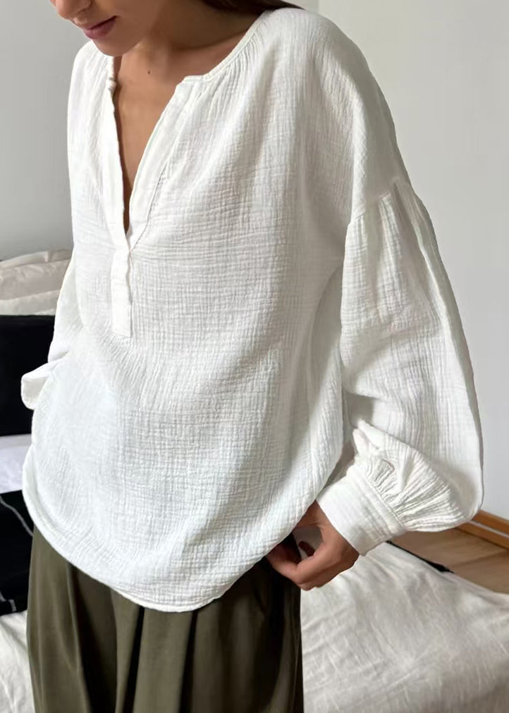 Plus Size White V Neck Solid Cotton Shirt Fall