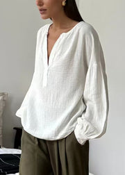 Plus Size White V Neck Solid Cotton Shirt Fall