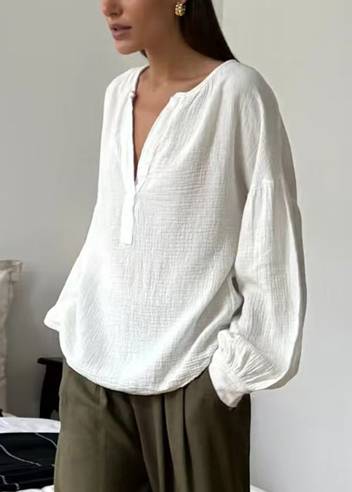 Plus Size White V Neck Solid Cotton Shirt Fall