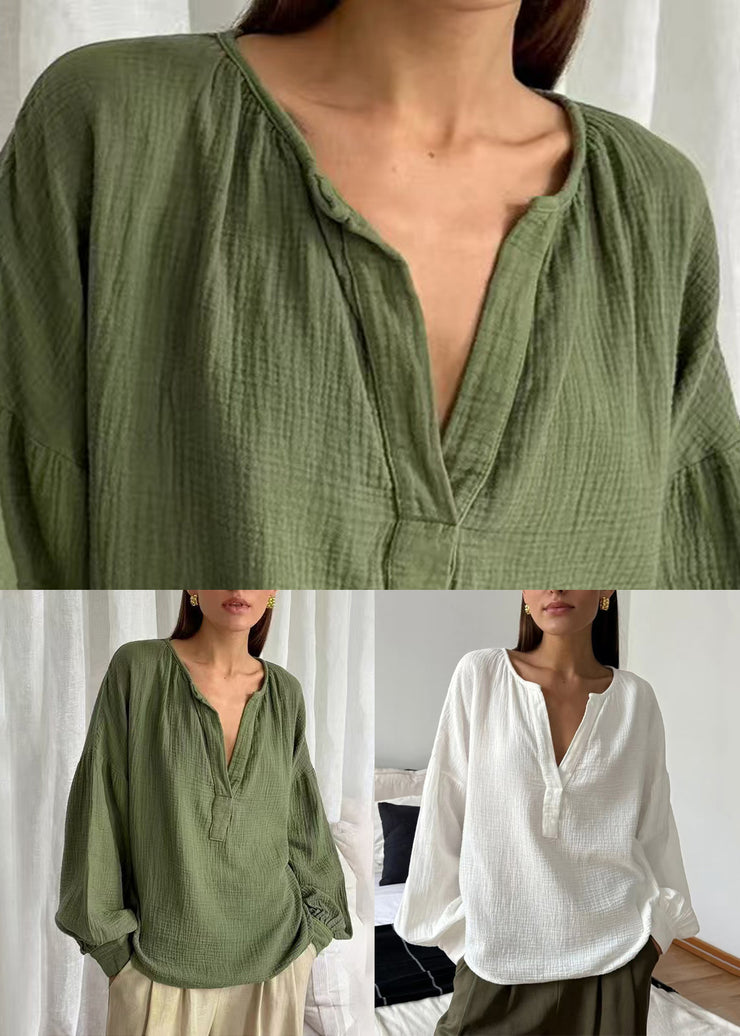 Plus Size White V Neck Solid Cotton Shirt Fall