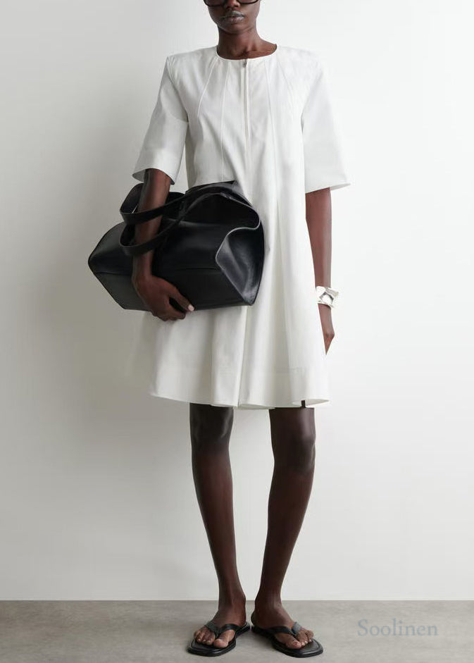 Plus Size White Zip Up Cotton Day Dress Half Sleeve