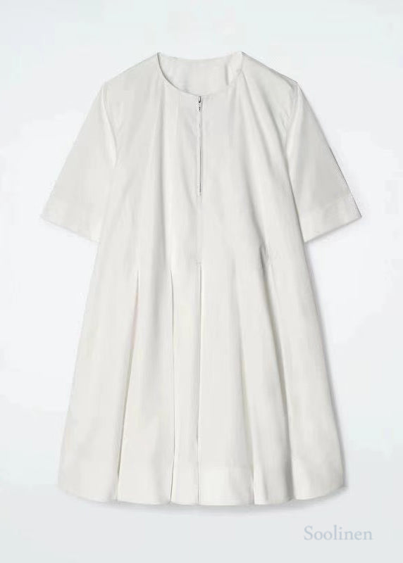 Plus Size White Zip Up Cotton Day Dress Half Sleeve