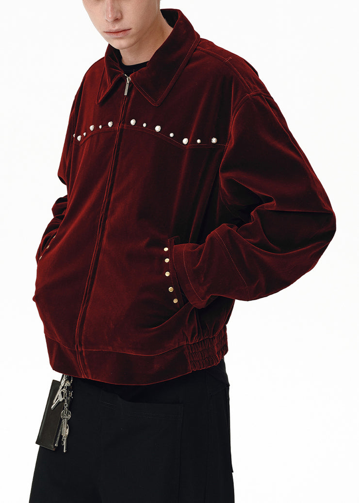 Plus Size Wine Red Peter Pan Collar Zip Up Pearl Silk Velour Mens Jackets Fall