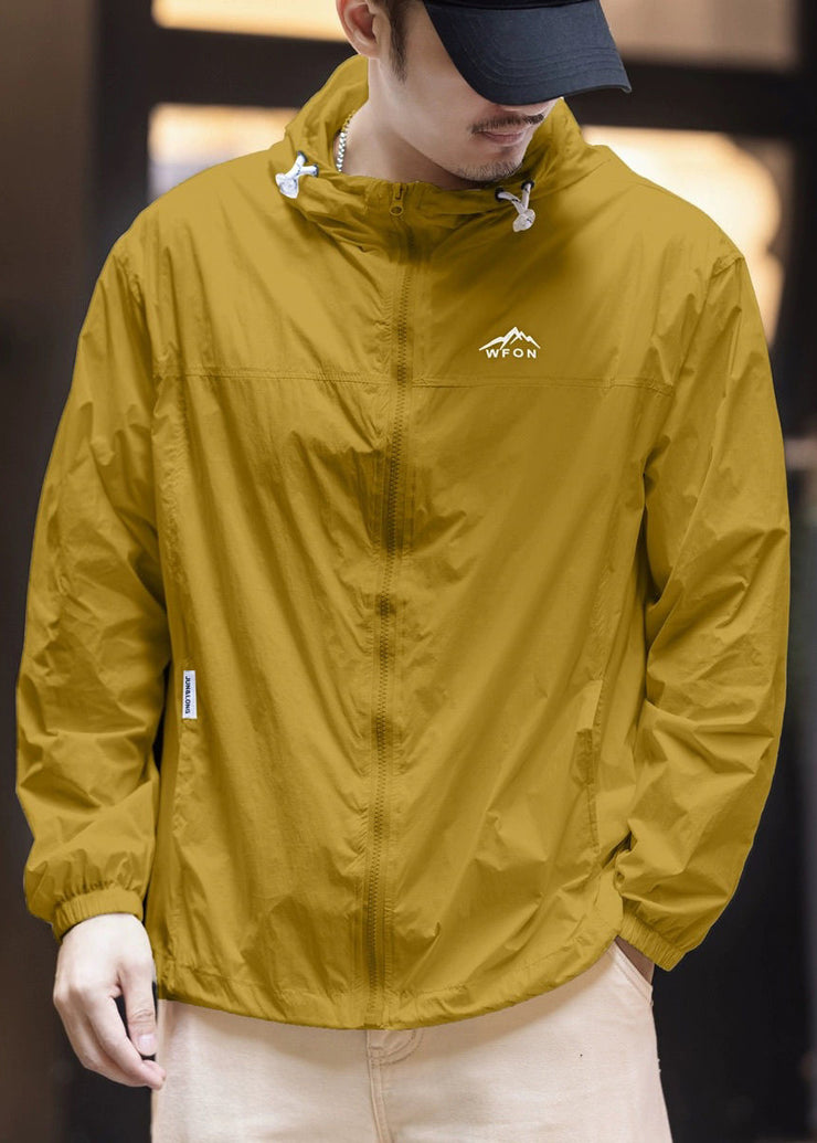 Plus Size Yellow Hooded Pockets Thin Ice Silk Mens UPF 50+ Coat Summer